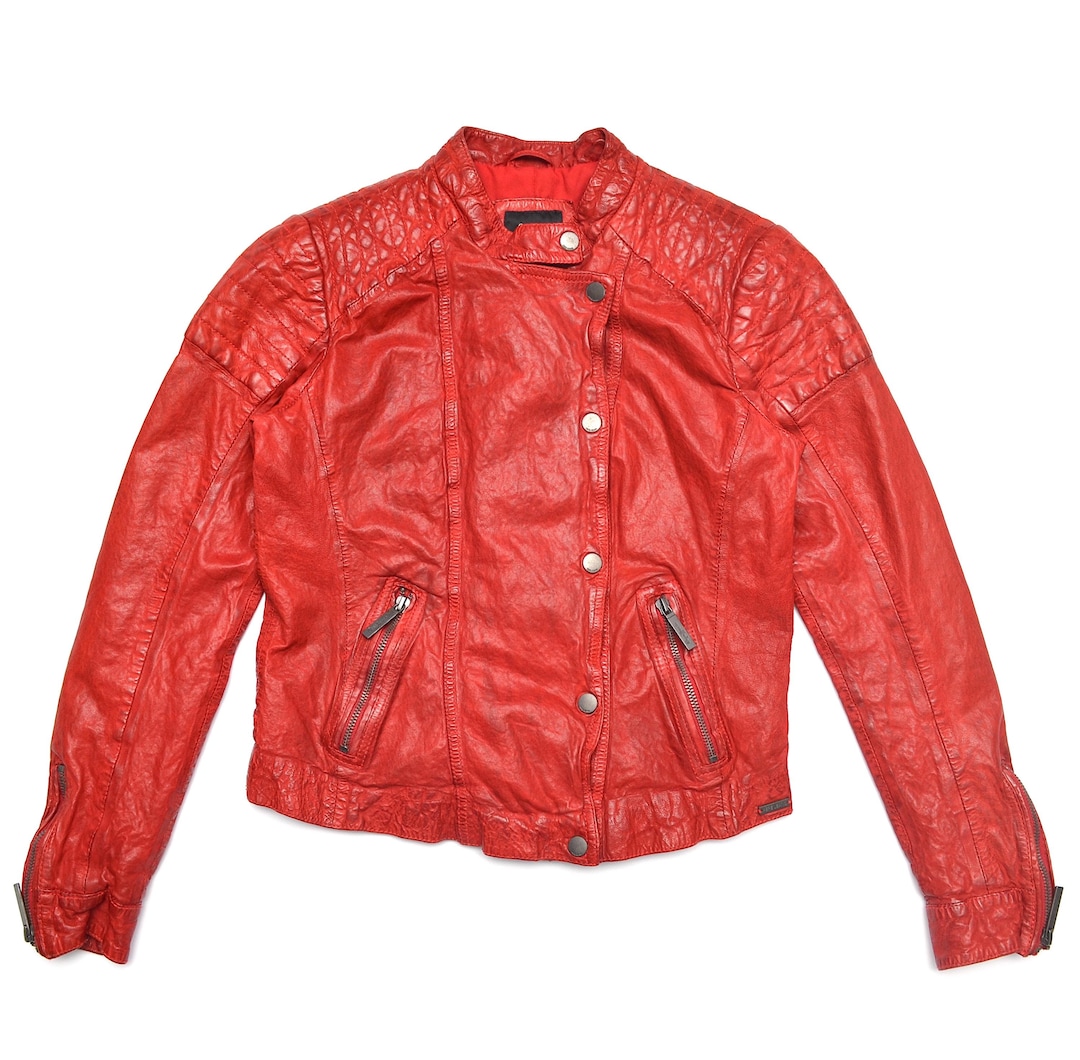 Pepe Jeans Sheep Leather Rocky Biker Ruby Red Jacket Womens Sz S