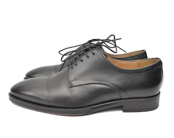 May include: Black leather lace-up dress shoes with a pointed toe.