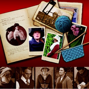 Puede incluir: Un libro titulado "Centenary Stitches" con el subtítulo "Telling the story of one WW1 family through vintage knitting and crochet." La portada del libro presenta un collage de fotos antiguas, hilo y agujas de tejer. El libro aparece en la película "Tell Them of Us."