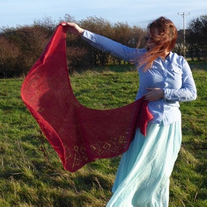 Puede incluir: Una mujer con una camisa azul claro y una falda larga y fluida de color azul claro sostiene una chal roja con detalles dorados. La chal ondea con el viento.