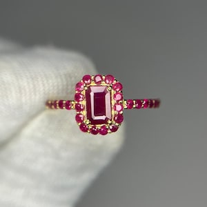 14k Gold Ruby Ring July Birthstone Engagement Ring 6x4 mm Emerald Cut Natural Gemstone