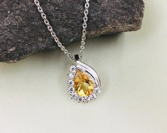 14K Solid Gold Art Deco Citrine Pear Pendant Necklace