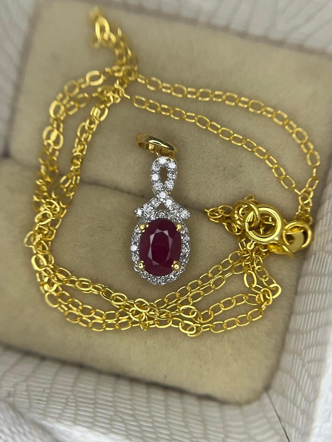 14K Gold Ruby and Diamond Necklace, 7x5mm Oval Cut Ruby Pendant, July ...