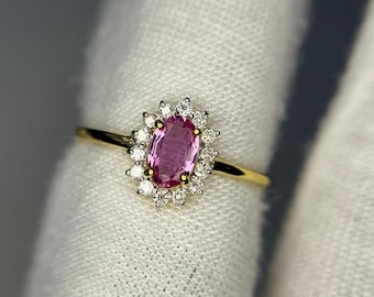 Anillo Art Déco de zafiro rosa y diamantes, joyería de oro macizo de 14 quilates con gema ovalada.