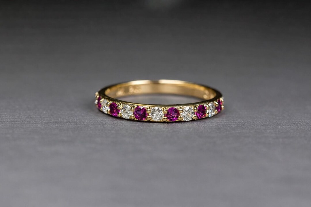 14k Gold Ruby & Diamond Wedding Ring, Half Eternity Band, July ...