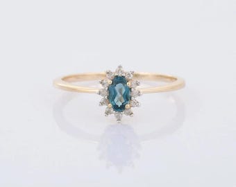 14K Gold London Blue Topaz Diamond Ring, Art Deco Birthstone Ring