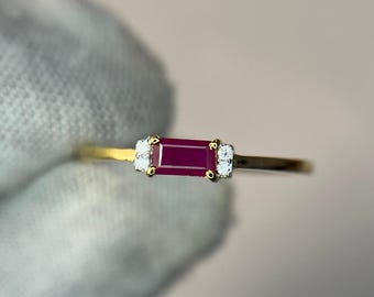 14k Gold Baguette Ruby Ring, July Birthstone Stacking Ring