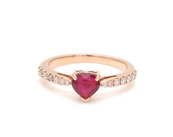 14K Solid Gold Ruby Heart Ring, Diamond Accent, Art Deco Style