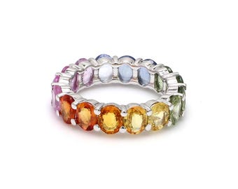 14K Gold Multi Sapphire Band Ring: Art Deco Rainbow Gemstone