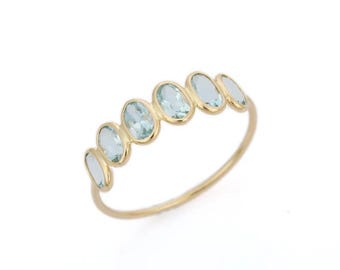 Vintage Oval Cut Aquamarine Wedding Band: 14K Gold Unique Stacking Band, Anniversary Promise Ring