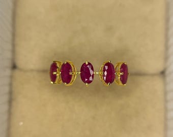 14K Gold Ruby Ring, Women's Half Eternity Wedding Band