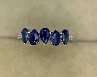 14k Gold Pear Sapphire Diamond Wedding Band, Art Deco Stacking Ring