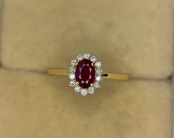 Anello in oro giallo massiccio 14 carati con rubino e diamante naturale, regalo di anniversario per lei