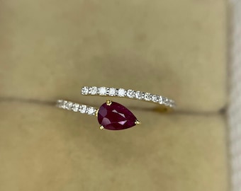 Art Deco Pear Cut Ruby Engagement Ring 14K Yellow Gold Diamond Accented Bridal Anniversary