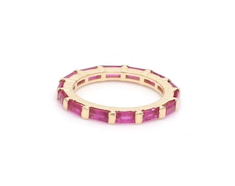 14K Gold Ruby Eternity Ring: Dainty Baguette Stacking Band