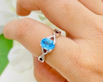 Art Deco London Blue Topaz Ring, 14K Gold, Oval Cut