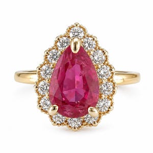 Natural Ruby Engagement Ring: 14K Gold Pear Cut Halo Vintage Diamond Ring July Birthstone
