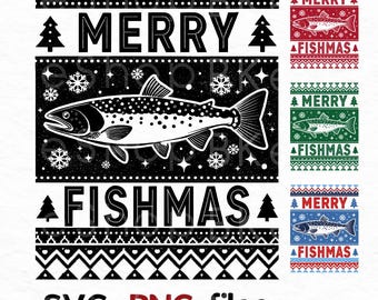 Puede incluir: Diseño gráfico en blanco y negro con el texto "MERRY FISHMAS" y una ilustración de un pez. El diseño incluye copos de nieve, árboles de Navidad y patrones decorativos. También se muestran variaciones de color.