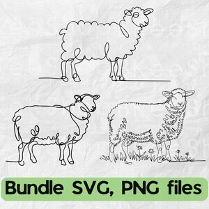 May include: A set of three black and white line art illustrations of sheep. The sheep are drawn in a simple, minimalist style. The illustrations are perfect for use in crafting projects, scrapbooking, or as digital clipart.