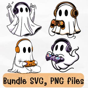 May include: Four digital illustrations of ghosts wearing headphones and holding video game controllers. The ghosts are white with black eyes and mouths. The headphones are purple, orange, and pink. The controllers are purple, orange, and green.