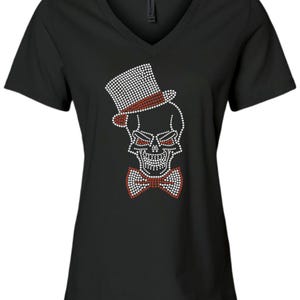 Skull And Top Hat Rhinestone Womens Relaxed Short Sleeve T-Shirt