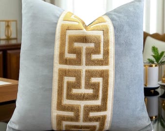Mist Blue Velvet Pillow Cover: Greek Key Trim, Luxurious Cushion