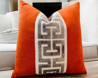 Orange Velvet Pillow Cover: Greek Key Trim, Designer Cushion