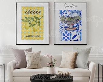 Set di stampe artistiche con limoni italiani e piastrelle siciliane (download digitale)