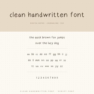 Könnte beinhalten: Eine digitale Anzeige einer sauberen handschriftlichen Schriftart mit dem Text clean handwritten font, digital notes, journaling, plr, the quick brown fox jumps over the lazy dog, dem vollständigen Alphabet in Kleinbuchstaben und den Zahlen 1 bis 0.