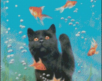 CAT and GOLDFISH cross stitch pattern No.186