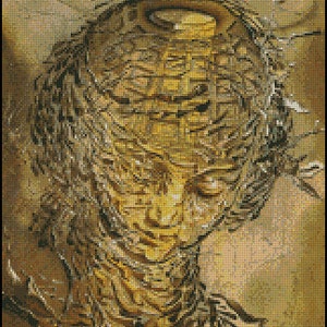 May include: A close-up of a painting depicting a face with a crown of thorns. The face is pale and the thorns are a dark brown. The background is a light brown.