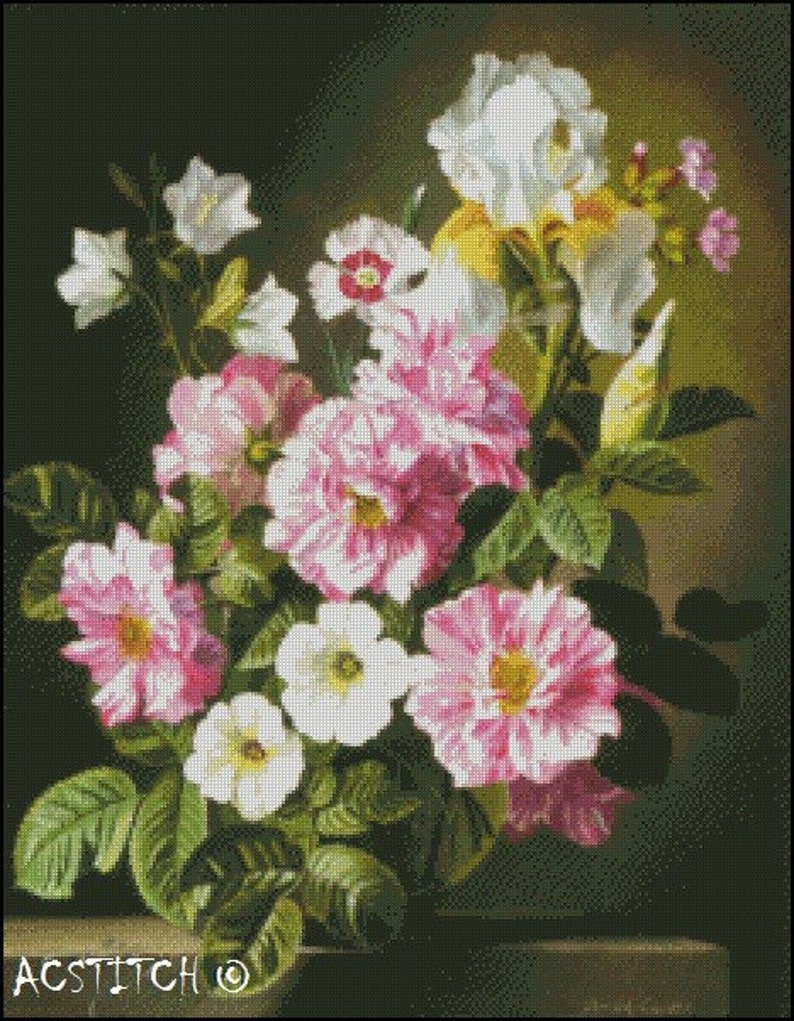 Still Life with Pink and White Roses cross stitch pattern No.393 image 1