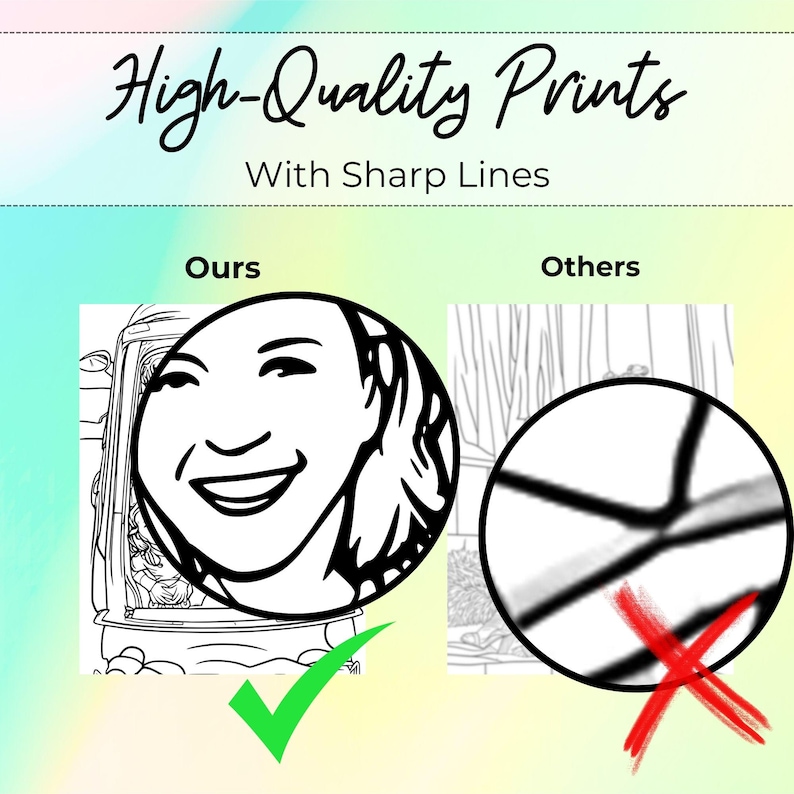 High Quality Prints with sharp lines. Custom coloring pages from your photos print with sharp lines. No Greyscale no grayscale. High quality sharp lines print any size without losing quality. Formatted for easy printing on 8.5x11 pages. Coloring book