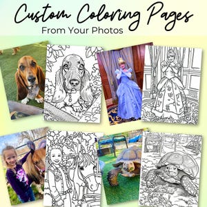 Personalized Custom Coloring Pages from your photos. Dog photo to coloring page, princess photo to coloring pages. Little girl with horse photo to coloring page. Tortious photo to coloring page.