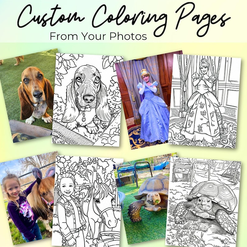 Personalized Custom Coloring Pages from your photos. Dog photo to coloring page, princess photo to coloring pages. Little girl with horse photo to coloring page. Tortious photo to coloring page.
