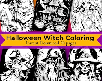 Halloween Witch Coloring Pages: Spooky Fantasy Art (Digital Download)