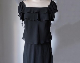 Vintage zwarte midi-jurk: Y2K polyester zomerjurk, maat M