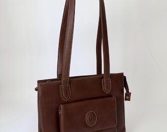 Vintage Brown Leather Shoulder Bag | Classic Satchel Purse with Front Pocket | Structured 90s Tote