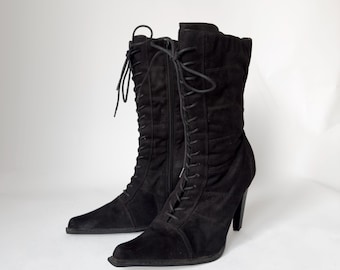 Vintage Black Suede Lace-Up Heeled Boots – Size 40 EU