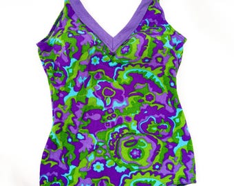 Vintage 60s Psychedelic Floral One Piece Swimsuit – Mod Retro Purple Green Swimwear