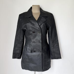 Vintage Genuine Leather Black Double-Breasted Jacket | Size M | Classic Long Blazer Coat | Soft Real Leather Trench, Timeless Style | Y2K