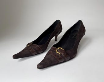 Vintage Nebuloni Brown Suede Kitten Heels: Snake Embossed Leather, Buckle Accent (Size 38.5 EU)