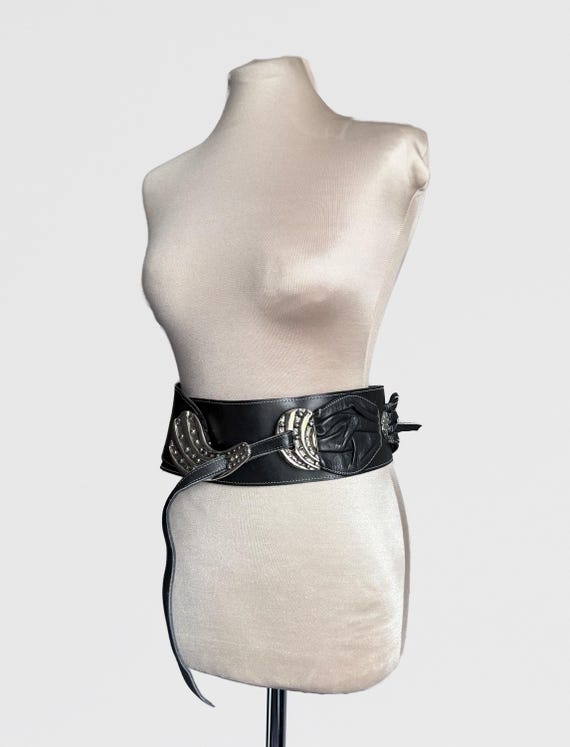 Vintage Black Leather Waist Belt | 80s-90s Rock Boho Style  display picture 3