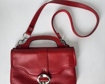 Vintage Red Genuine Leather Shoulder Bag: 80s Retro Handbag