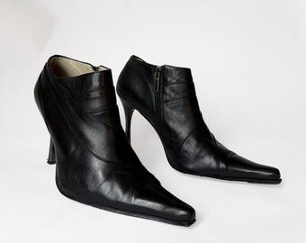 Vintage Black Leather Ankle Boots: Stiletto Heel, Size 38-39 EU