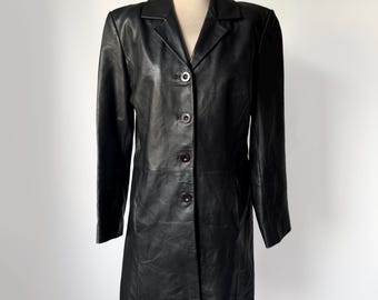 Vintage Y2K Leather Coat in Black Matrix Style 2000s Real Leather Vintage Y2K Leather Coat in Black Matrix Style 2000s Real Leather