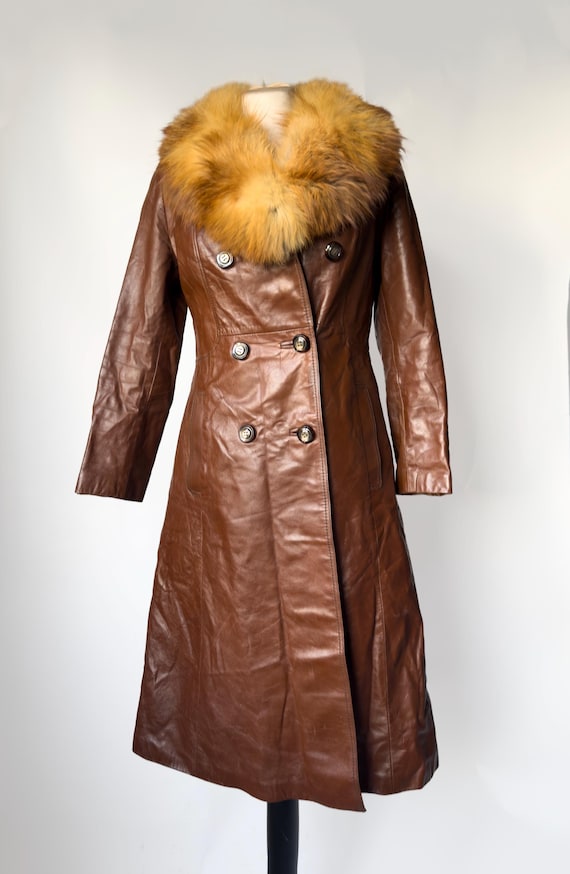 Vintage Finnish Leather Coat with Fox Fur Collar (Size 36 S)