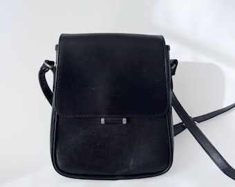 Vintage 90s Black Faux Leather Crossbody Bag: Minimalist Flap Shoulder Bag