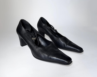 Vintage Black Leather Mary Jane Heels: 90s Square Toe Block Heel Shoes