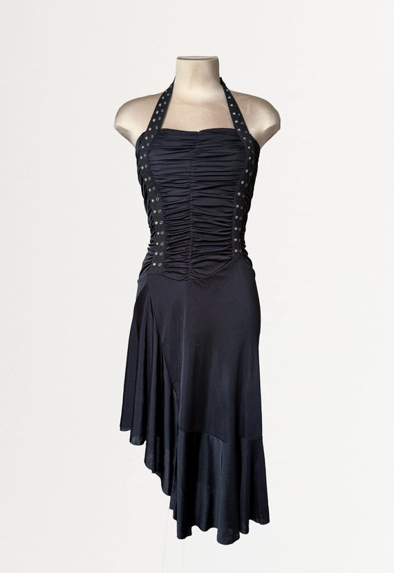 black asymmetrical ruched dress Iantes Asymmetrical Ruched Satin Dress in Black – FREYJA main image 1